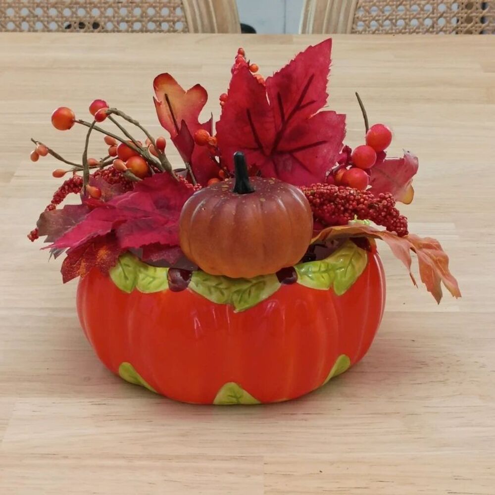Royal Norfolk Ceramic Pumpkin Candy Dish Faux Floral Leaves Harvest Fall Decor